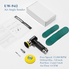 UPWOOD, mini lijadora de aire orbital de 2 pulgadas y 3 pulgadas, kit de lijadora orbital neumática pequeña con almohadillas para orejas de lijado de gancho y bucle, 24 papeles de lija