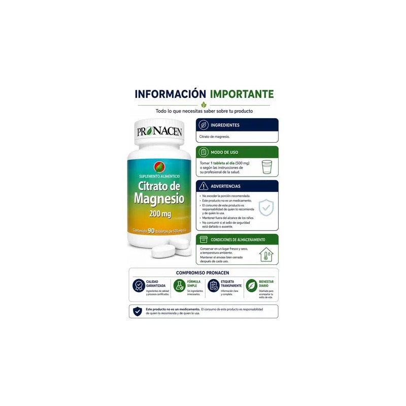 Citrato Magnesio Pronacen Tabletas 200 Suplemento Alimenticio 500 Presentacion Frasco