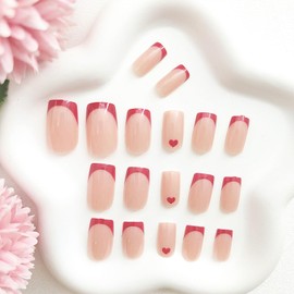 Valentine's Day Press on Nails Medium Square Fake Nails with Red French Tip Designs Heart Nails Press ons Glossy Glue on Nails Nude False Nails Valentines Stick on Nails for Women 24Pcs
