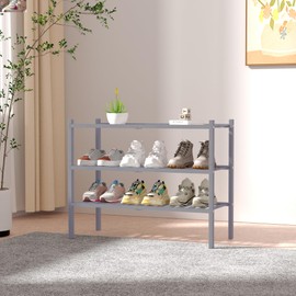 ROMGUAR CRAFT 3 Tier Bamboo Shoe Rack for Closet Free Standing Wood Shoe Shelf Storage Organizer for Entryway Small Space Stackable 27"x11"x20" (Grey)
