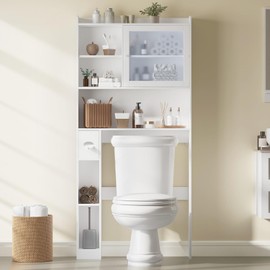 Vabches Over the Toilet Storage Cabinet with Glass Door, White Above Toilet Storage Cabinet, Over Toilet Bathroom Organizer Space Saver, Behind Toilet Rack Shelf Cabinet, for Bathroom Laundry Restroom
