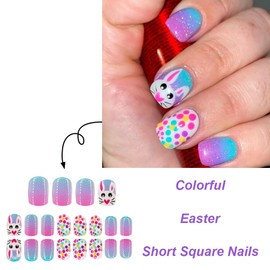 24 Pcs Easter Press on Nails Short Square WLGDLH Purple Gradient Fake Nails Pink False Nails Press Ons With Cute Bunnies Designs Nail Tips Full Cover Glossy Acrylic Nail Kit for Women Manicure