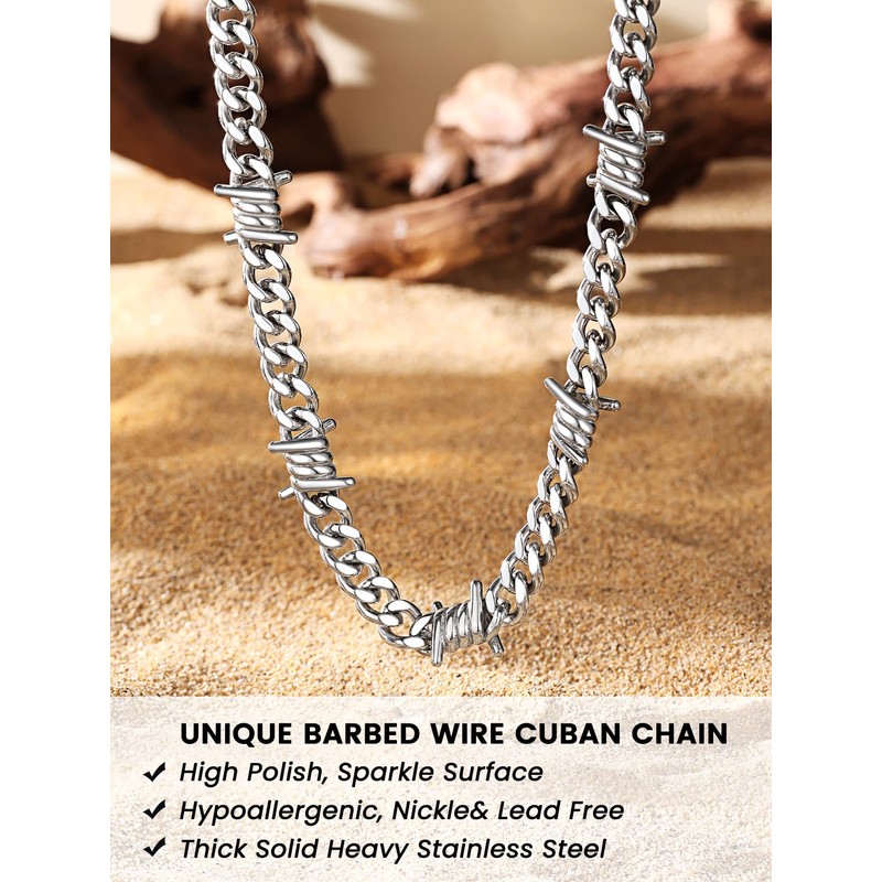 Men Barbed Wire Necklace 7mm Thick Heavy Stainless Steel Chain