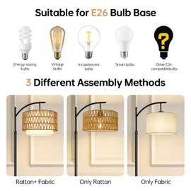 Qnuioea Floor Lamps for Living Room Rattan Boho Floor Lamp with Shade, Boho Standing Lamp with Rattan & Fabric Shades, Adjustable Tall Lamp for Living Room Bedroom