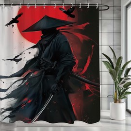 Black Red Samurai Shower Curtain 60Wx71L, Japanese Man Shower Curtains for Bathroom, Cool Asian Shower Curtain Set 12 Pack Hooks