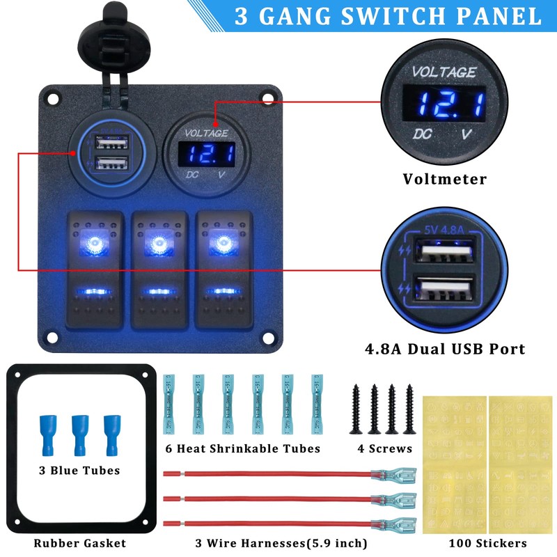 3 Gang Switch Panel, EilxMag Blue Marine Rocker Switch Panel