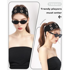 JENSVOIR Grommet Headband for Women, Plus Black 23cm Hollow Out Elastic Hair Band, Eyelets Punk Grunge Stylish Hairband