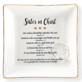 HOME SMILE Mother's Day Gifts for Sister in Christ,Ceramic Ring Jewelry Dish Tray Plate for Birthday Graduation Christmas Wedding,We May Not Be Sisters by Blood But We are Sisters in Christ
