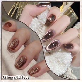 AHAMIOU Crystal Cat Eye Gel Polish Kits Magnetic Nail Polish Set Holographic Cats Eyes Gel Nail Polish Shiny Diamond Glitter Gel with Magnet Stick (Dark Brown)