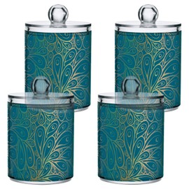 ALAZA 2 Pack Qtip Holder Dispenser Seamless Doodle Peacock Feathers Pattern Gradient Blue Bathroom Organizer Canisters for Cotton Balls/Swabs/Pads/Floss,Plastic Apothecary Jars for Vanity