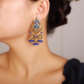 Xerling Bohemian Indian Bollywood Jhumka Drop Earrings Ethnic Vintage Jhumki Earrings Women Traditional Festival Beads Tassel Earrings (Gold-Blue)