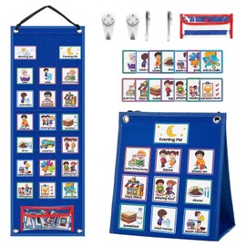 Qivine Children's Calendar, Daily Schedule, Visual Timetable with 70 English Routine Cards, Autism Aids, Pictograms, Foldable Magnetic Board, Daily Planner for Home School