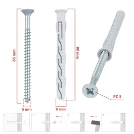Klimas® Dowel Screws Set of 50 Frame Dowels Impact Dowels Diameter 8 mm x 80 mm with Countersunk Screws PZ-3 Nail Dowels Screw Set Concrete Dowels Aerated Concrete Dowels Stainless Steel Screws
