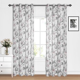 MYSKY HOME Curtains 84 Inch Length Floral Curtains for Living Room Flower Printed Light Filtering Privacy Protect Drapes Set Natural Linen Look Window Drapes Grommet 2 Panels,Pink and Grey