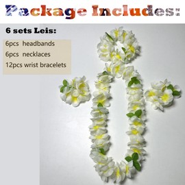 Hawaiian Leis Bulk, 24pcs White Leis for Luau Party Jumbo 6 Flower Headbands 6 Necklace 12 Bracelets Orchid Lei, Hula Dance Floral Lay Graduation Lei Summer Beach Wedding Bridal Party Decorations