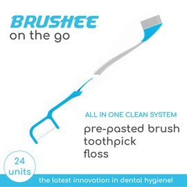 Brushee - The Evolution of Oral Care | 4-in-1 Tool (Paste + Brush + Floss + Pick) | Individually Wrapped | Disposable | Prepasted Travel Toothbrushes | Small Adult Toothbrush - (24-Pack)