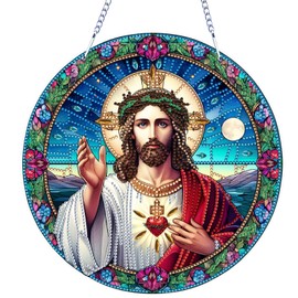 VODAPYC Jesus Diamond Art Hanging Kits for Adults, DIY Double Sided Acrylic Special Shaped Christian Diamonds Painting Windows Pendant Ornament(Jesus-01)