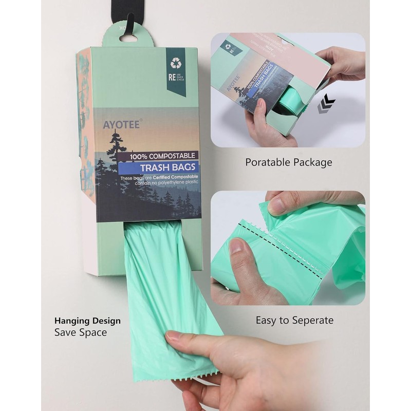 AYOTEE 100% Compostable Trash Bags, Small Compost Bags 1.3 Gallon,
