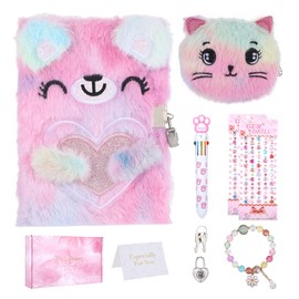 Fanmayhe Cat Diary with Lock,Gifts for 6 7 8 Year Old Girl,Fuzzy Notebooks Diary for Girls,Hardcover Fluffy Secret Cute Journal with Lock,Cat Themed Gifts for Birthday, Christmas