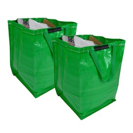 47 Litre Recycling Bag with Top Flap and Handles - Tip Strap - Laminated Wipe Clean Fabric - PREMIUM GRADE - Heavy Duty Woven PP Fabric (Green, 2 Bags)