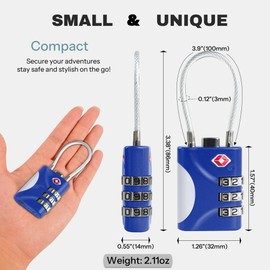 UP Security TSA Approved Locks for Luggage, Small Combo Lock with Code, Travel Padlock with Cable, TSA 007 Lock for Suitcase, Locker, Gym, Cabinet, Gun Case, Backpack, Zipper Locks for Travel (Blue)