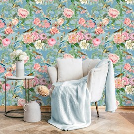 VEELIKE Watercolor Finches Bird Wallpaper Blue Floral Peel and Stick Wallpaper for Bedroom Bathroom 17.7''x118'' Removable Self Adhesive Botanical Wall Paper Blue Contact Paper for Cabinets Drawers