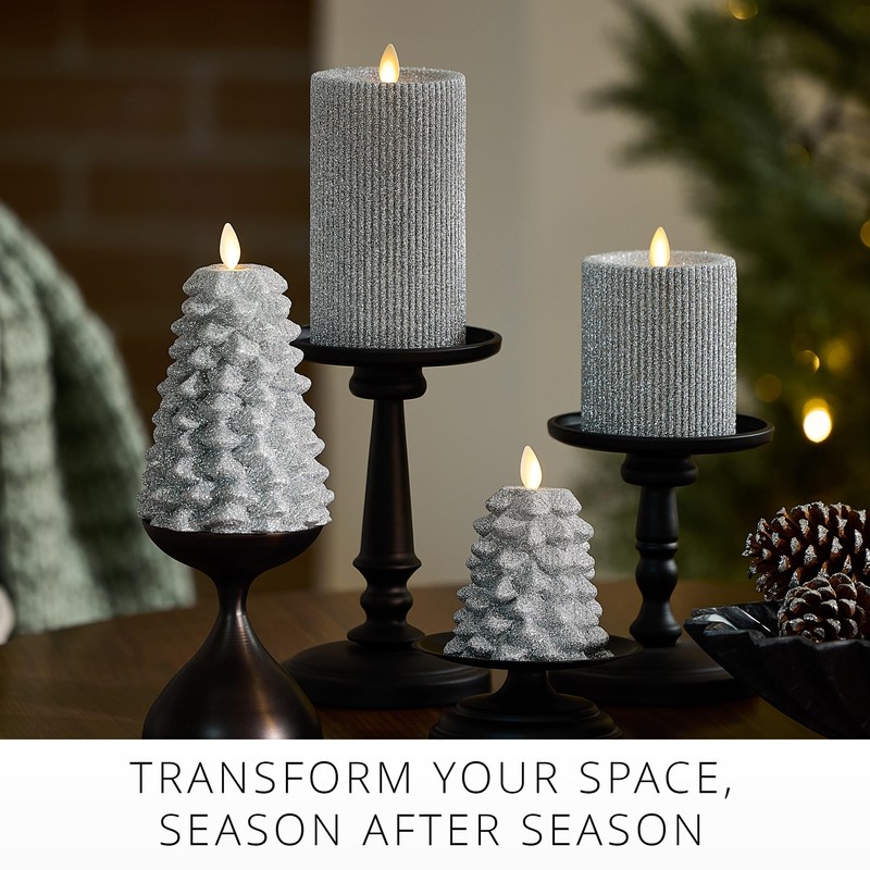 Luminara Brilliant Silver Glitter Ribbed Flameless LED Candle Moving Flame