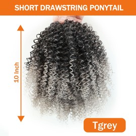 MKJVEN 10 Inch Afro Kinky Curly Drawstring Ponytail Hair Tgrey Synthetic Curly Ponytail for Black Women Short Curly hair ponytail（Tgrey）