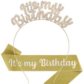 Chanaco Birthday Crowns & Sash Set, Gold Tiara for Women