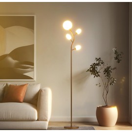 Fiqevs Modern Gold 4 Globe Floor Lamp for Living Room - Contemporary Tree Floor Lamp with White Frosted Glass Shade and LED Bulbs, Mid Century Modern Standing Lamp for Bedroom & Home Office
