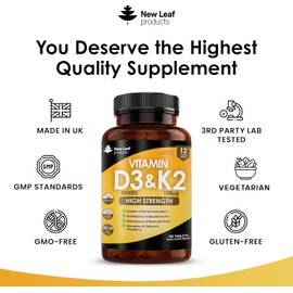 Vitamin D3 K2 - Vitamin D3 4000iu & Vitamin K2 100ug (MK7) 1 Year Supply, Supports Immunity, Calcium Absorption and Bone Health, Non-GMO, UK Made by New Leaf 365 Micro Small Vegetarian Tablets,