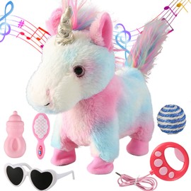 Colorful Walking Unicorn Toy Set Singing Dancing Electronic Plush Unicorn with Control Leash Realistic Footsteps Nodding Tail Wagging Musical, Dress Up Cute Wings Animated Stuffed Gift for Kid Girl