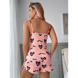 GORGLITTER Women's 2 Piece Heart Print Summer Pajama Set Scoop Neck Sleeveless Cami Tops and Shorts Loungewear Coral Pink XL