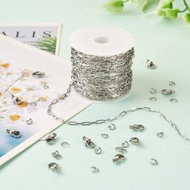 Pandahall Cadenas de clip de acero inoxidable de 16.5 pies, 6 x 2.5 x 0.6 mm, texturizadas, ovaladas, con anillos de salto, cierres de langosta para hacer joyas y collares
