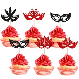 24 máscaras de máscaras, decoración para cupcakes, color negro y rojo, con purpurina, para fiestas de máscaras, carnaval, fiestas de nacimiento, cumpleaños, bodas, decoraciones de fiesta