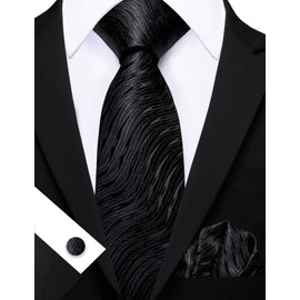 Barry.Wang Black Tie for Men Stripe Silk Necktie Pocket Square Cufflinks Formal Business Wedding Party