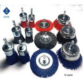 Signi 12 Pack Nylon Bristle Filament Abrasive Brush Drill Wheel and Cup Brush Set with 1/4 Inch Shank, Surface prep Remove Rust/Corrosion/Paint (2.5" Wheel, Hex Shank)