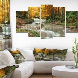 Designart Forest Waterfall with Yellow Trees Landscape Artwork Canvas Print, 60x32-5 Panels Diamond Shape