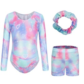Sanshaion Gymnastics Leotard for Girls, Long Sleeve/Sleeveless Dancewear Leotards Athletic Shorts & Headband Colorful Sparkly Dancing Custume for 5-12 Years (Tie-Dye-Long, Tag 6A(5-6 Years))