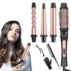 4 en 1 Rizador de Cabello,Pinzas Rizadoras con Cepillo Rizador,Rizador de Pelo de Cerámica Ajustable con Peines,Guantes y Clips,Juego de Varillas de Rizador de Pelo Calentamiento Instantáneo para Cabello Largo o Corto Herramientas de Peinado