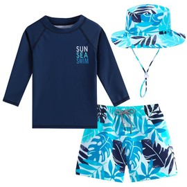 Toddlers and Baby Boys' 3-Piece Rash Guard Swimsuits Kids Long Sleeve Sunsuit Swimwear Sets(Navy Tropical,9-18 Months)