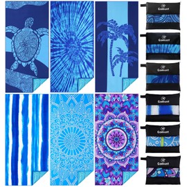 6 Pack Lightweight Thin Beach Towel Oversized 71"x32" Big Extra Large Microfiber Sand Free Towels for Adult Quick Dry Travel Camping Beach Accessories Gift Turtles Tie Dye Coconut Tree Mandala Stripe
