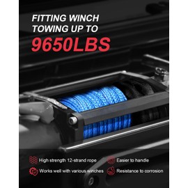 Kolvoii Synthetic Winch Rope Kit, 1/4" x 50ft 9,650lbs Winch Cable with Steel Hook, Winch Line Stopper and Safety Pull Strap for ATV UTV Off-Road Vehicle etc (Blue Rope, Black Hook)
