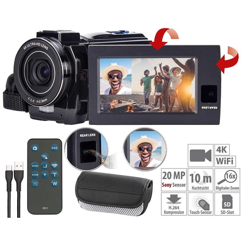 Somikon Videocam: Dual Lens 4K UHD Camcorder with Sony Sensor