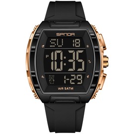 Luxury Men’s Digital Watch Tonneau Shape Dual Time 5ATM Waterproof Countdown Alarm LED Backlight Military Tactical Style Outdoor Sports Watches Wristwatch Gift-Ready Design Black and Gold (Black Gold A)