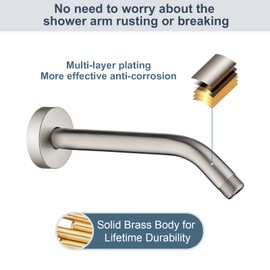 BRIGHT SHOWERS Shower Arm with Flange 10 Inches Solid Brass Shower Head Extension Arm, Wall Mounted Shower Pipe Arm for Rainfall Shower Head and Handheld Showerhead, Brushed Nickel