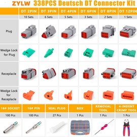 338pcs DT Deustch Connector Kit - 2/3/4/6/8/12 Pin Connectors, Deutsch Crimping Tool, Removal Tool, Waterproof Automotive Electrical Connector