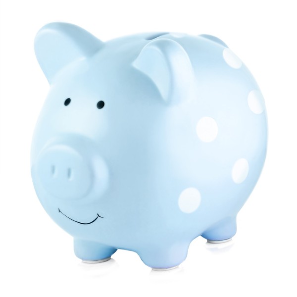 Pearhead Ceramic Piggy Bank, Baby Boy Money Bank Keepsake, Nursery Décor, Blue Polka Dot