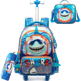 Inprof Kids Rolling Backpack with Wheels for Boys Elementary Students Kids Shark Travel Luggage Carry on School Backpack for Boys Ages 6-8