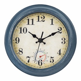 Horizent Outdoor Clocks Waterproof with Thermometer Combo Rustic Coastal Beach Wall Clock Decor for Bathroom Patio Pool (8 Inch,Blue)